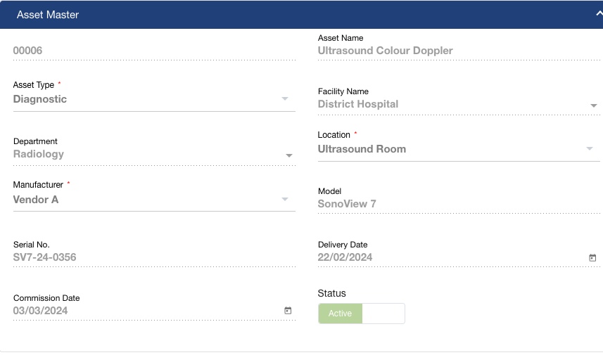 Asset registration screen with code, name, type, facility, department, location, model and serial number